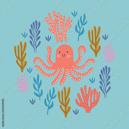 Ocean greeting card with octopus, corals and seaweeds on turquoise background. Circle ornament. Perfect for seasonal holidays, summer decorations. Vector child illustration