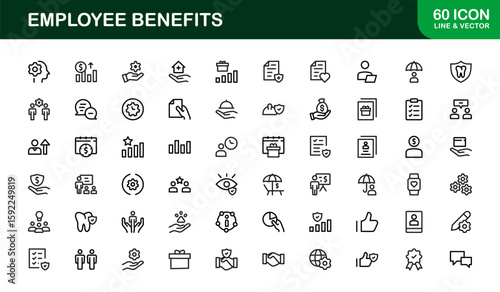 Employee Benefits Icon Set for HR, Insurance, Wellness, Payroll, and Corporate Use – Modern Vector Line Illustrations