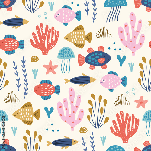 Ocean seamless pattern with starfishes, fishes, jellyfishes, seaweed, corals on white background. Perfect for wallpaper, gift paper, summer greeting cards. Vector hand drawn child illustration