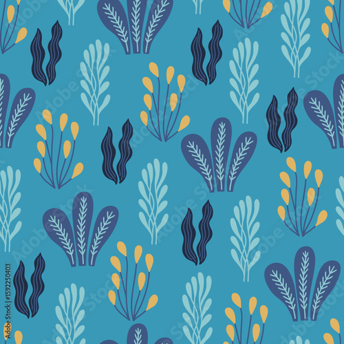 Ocean seamless pattern with seaweeds on turquoise background. Perfect for wallpaper, gift paper, summer greeting cards. Vector hand drawn child illustration