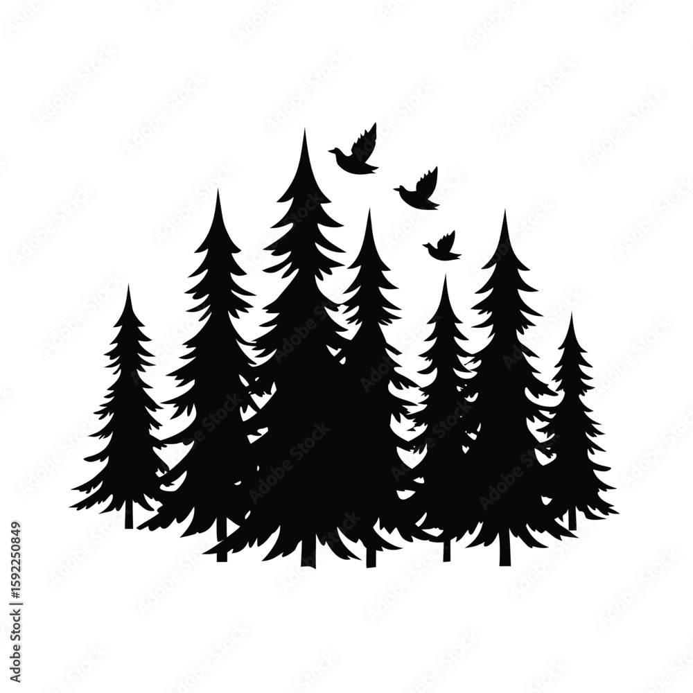 Fototapeta premium Birds Soaring Above Tall Pine Trees In Nature Line Art Vector illustration