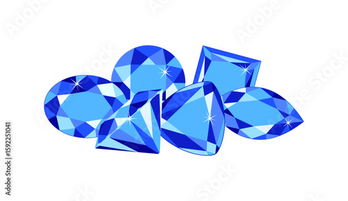 Heap of dark blue gemstones isolated on white background. Vector cartoon flat illustration of blue Sapphire crystals.