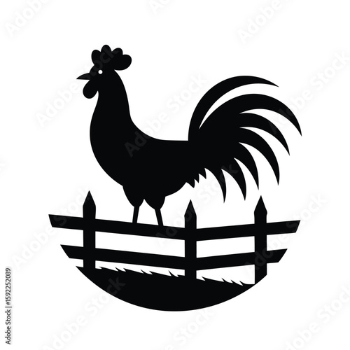 Early Morning Rooster On Wooden Fence Scene Line Art Vector illustration