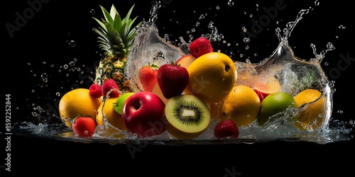Fresh Fruits Splash Vibrant assortment of tropical fruits with splashing water for a refreshing summer vibe on dark background.