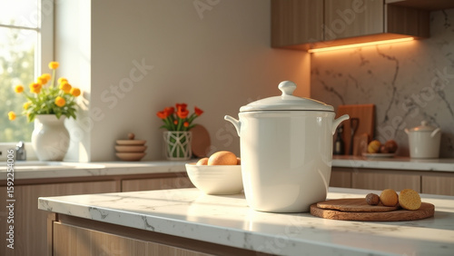 Wallpaper Mural Elegant ceramic compost bin on a stylish kitchen countertop surrounded by fresh flowers and cooking utensils, promoting sustainable living. Torontodigital.ca