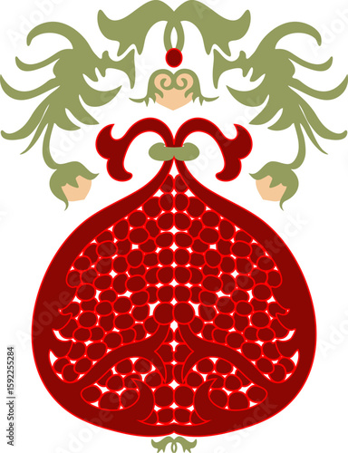 Stylized vector image of pomegranate fruit, flowers and leaves, reminiscent of Old Russian painting, for printing on clothes, textiles, websites, presentations.