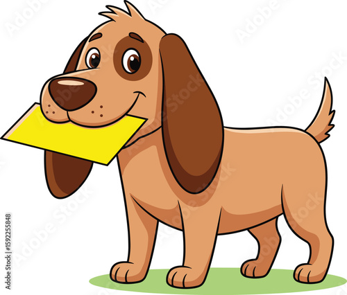 Cute cartoon dog, yellow envelope in mouth, playful puppy illustration, adorable pet character, floppy ears, vector drawing, animal clipart, stock image