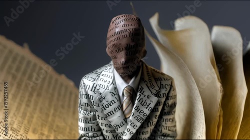 A figure of a man in a paper suit sitting on an open old book