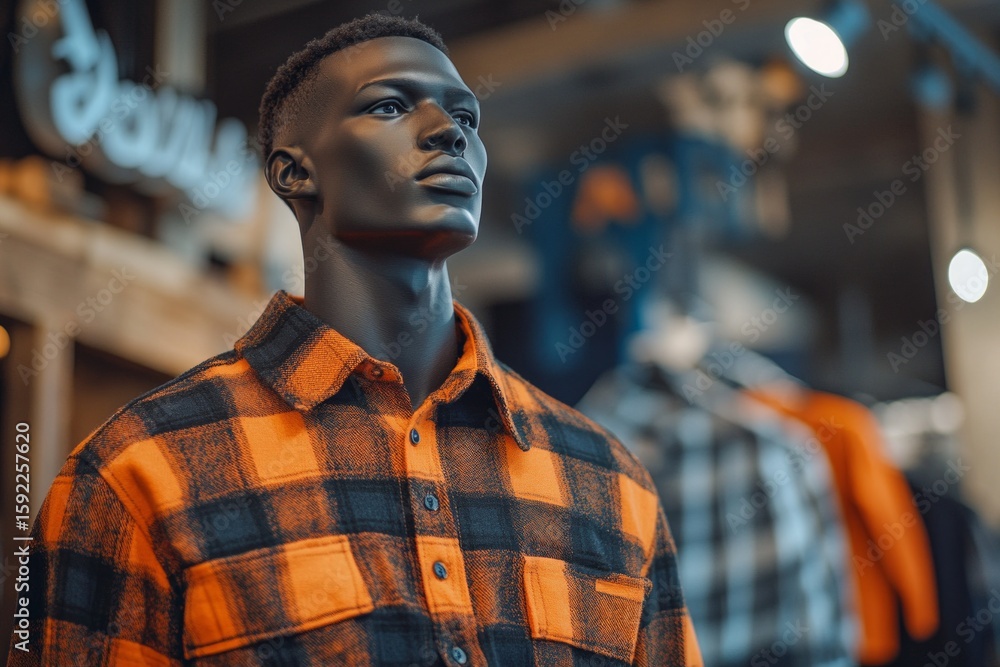 Fototapeta premium Black male mannequin presenting an orange and black checkered flannel shirt in a retail store