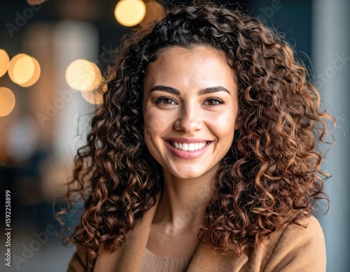 Close-up portrait of a smiling woman with curly hair