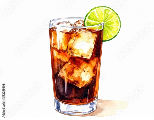 Watercolor cuba libre cocktail with lime on white background