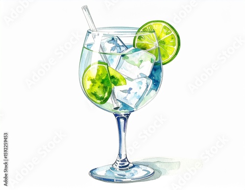 Wallpaper Mural Watercolor gin tonic with ice cubes and lime slice on white background Torontodigital.ca