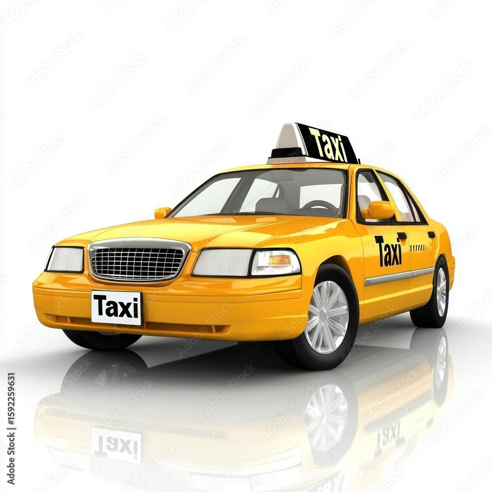 Fototapeta premium Cab realistic isolated on white background. Yellow Cab Car. Taxi Vehicle icon. City Transport Car. Classic Urban Taxi. Realistic Cab Car on white. Taxi Design Element. Taxi Car isolated on white.