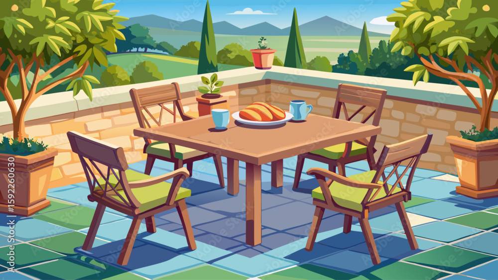 Fototapeta premium Outdoor dining table with four chairs on tiled patio, ready for family meal