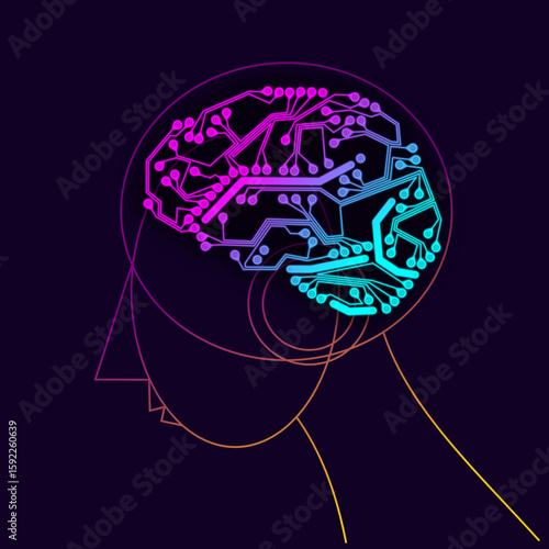 Human head profile with circuit-based brain. Artificial intelligence and neuroscience concepts.