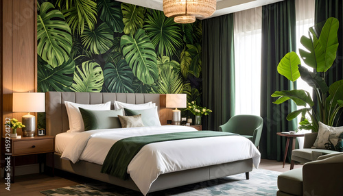 Luxurious Tropical Bedroom Interior Design with Green Wallpaper