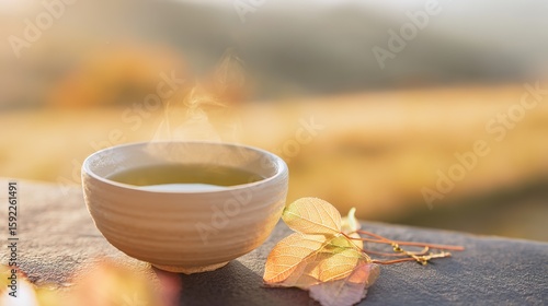 Steaming roasted green tea beside persimmon leaf arrangement, with golden rice fields in serene harmony.