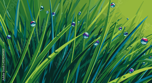 Green grass with dew drops in a vibrant, abstract style, grass with dew