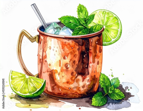 Moscow mule cocktail with straw in copper mug, lime and mint, watercolor illustration on white background