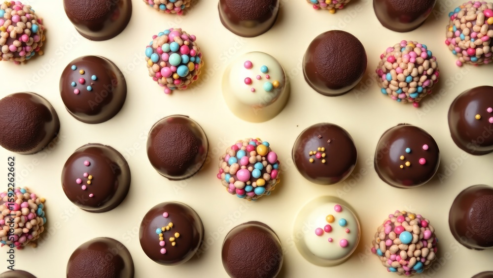 Fototapeta premium Assorted Gourmet Chocolate Truffles – Round Cocoa Candies with Artistic Toppings
