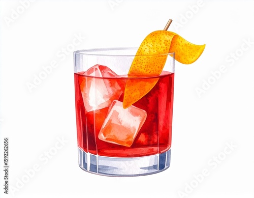 Negroni cocktail with orange peel garnish, watercolor illustration on white background