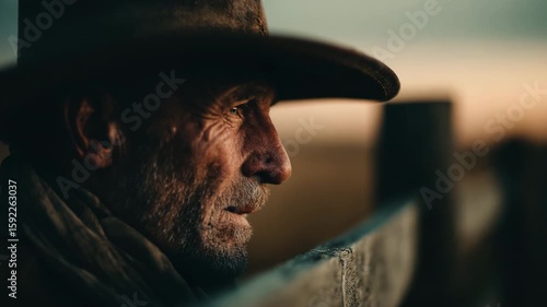 Rugged man in a cowboy hat, looking contemplatively at a distant landscape.
