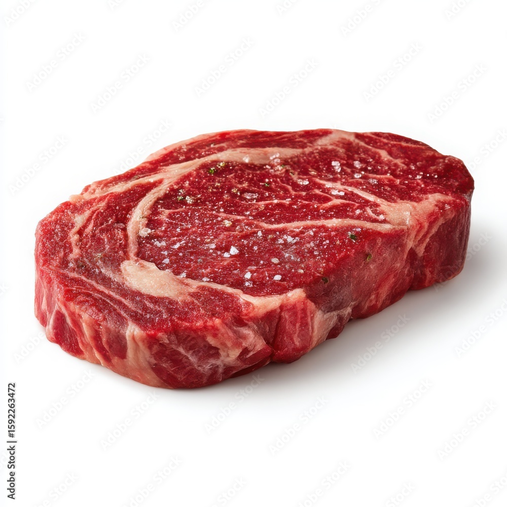 Raw Ribeye Steak Seasoned with Salt and Herbs on White Background, Close-Up of Fresh Beef Cut with Marbling, Ready for Grilling or Cooking Raw Ribeye Steak Seasoned with Salt and Herbs on White Background, Close-Up of Fresh Beef Cut with Marbling, Ready for Grilling or Cooking