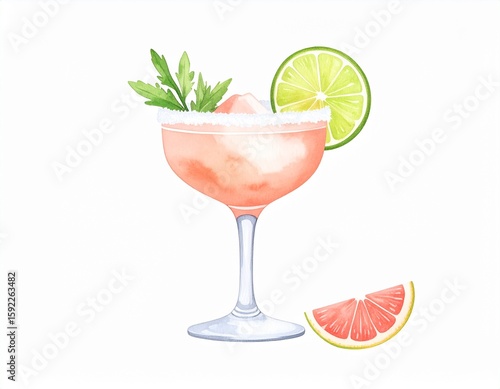 Grapefruit cocktail with lime and mint in watercolor on white background