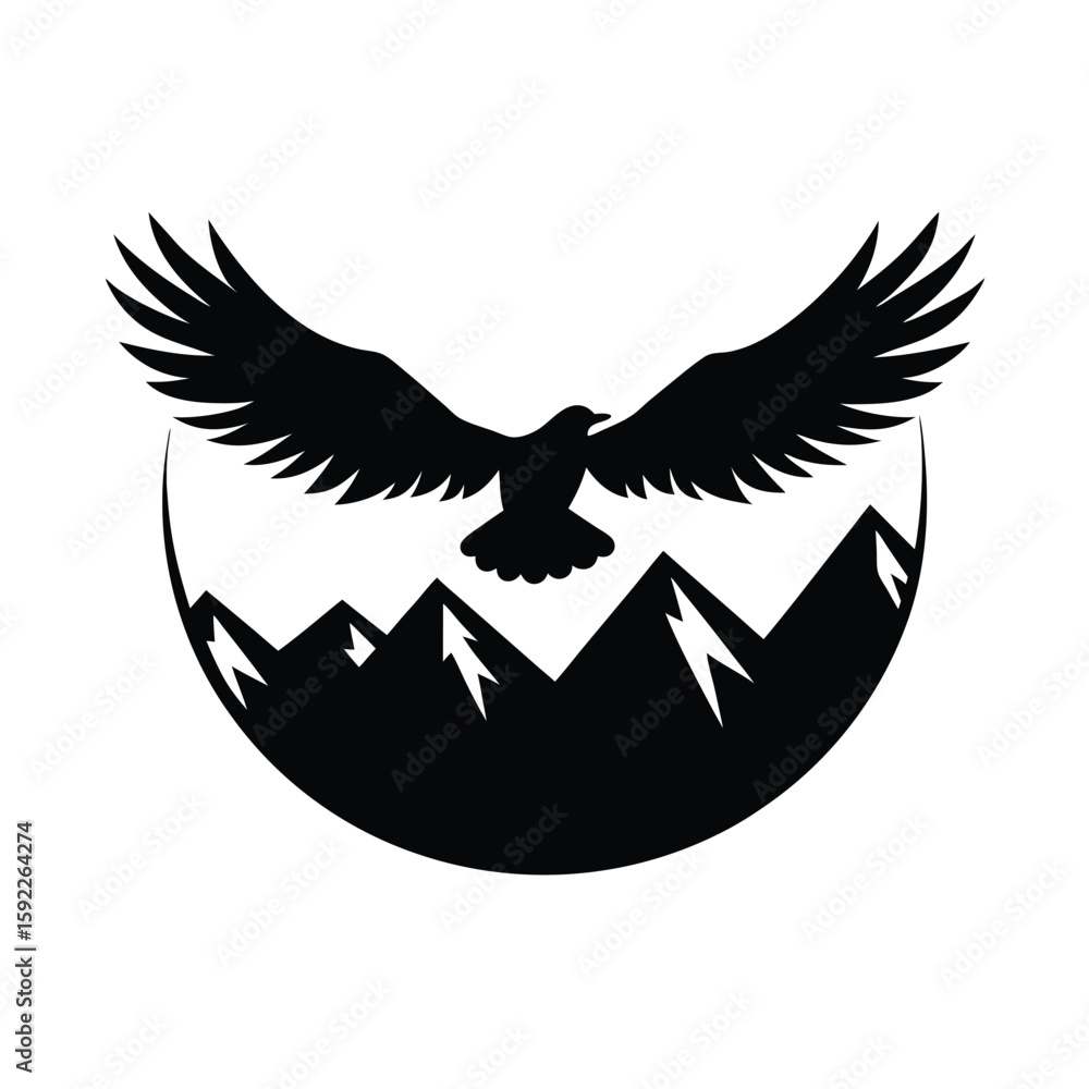 Obraz premium Soaring Eagle Above High Rocky Mountain Peaks Line Art Vector illustration