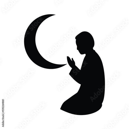 Prayer Under Crescent Moon In Peaceful Night Scene Line Art Vector illustration