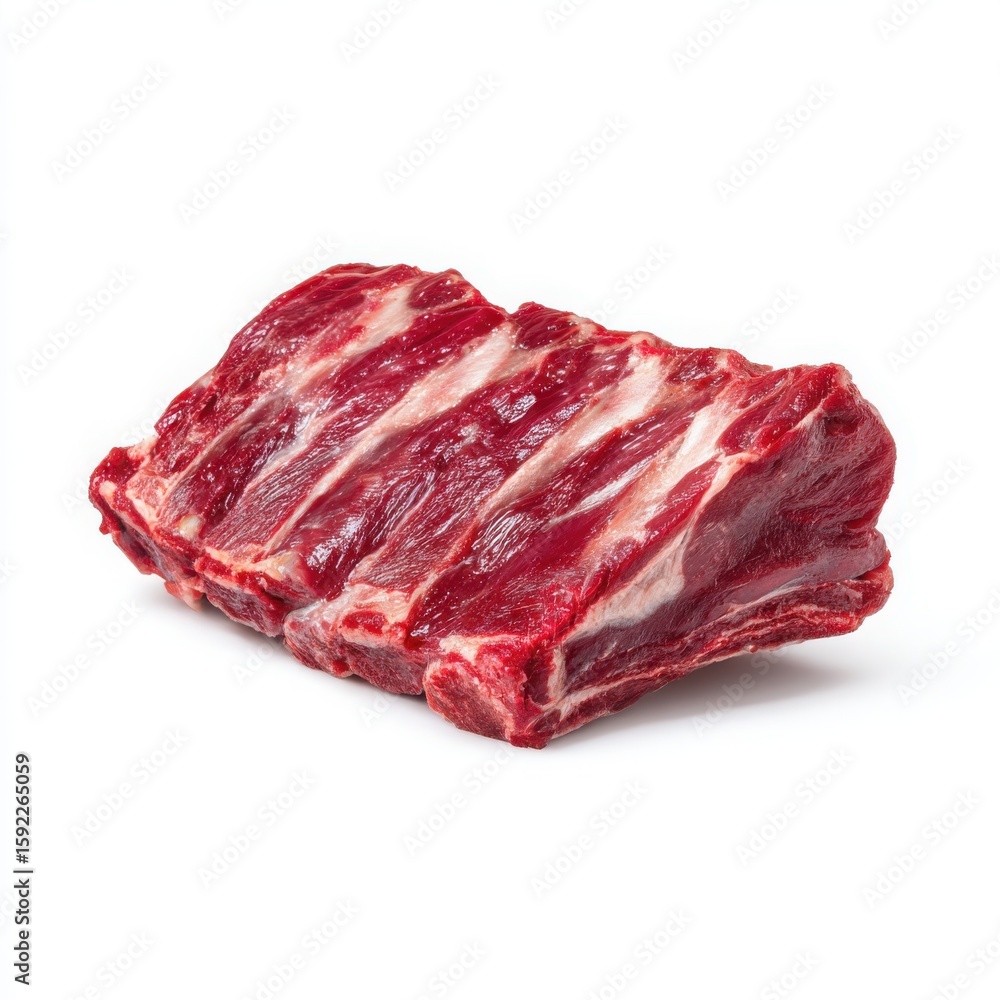 Obraz premium Fresh Raw Beef Short Ribs Isolated on White Background, Close-Up of Marbled Meat, Perfect for Grilling, BBQ, and Culinary Creations, High-Quality Protein Source