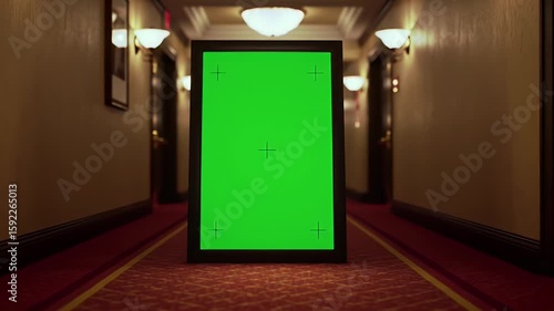 Large Green Screen Frame Standing in Empty Hotel Hallway with Red Carpet. Digital Display Placeholder Ready for Content Insertion or Mockup. Elegan...