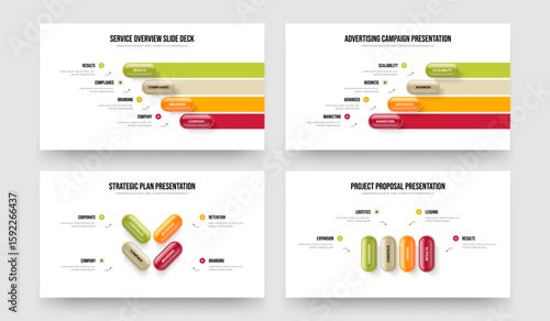 Visual Showcase 4 Step Diagram Presentation Template Collection. Financial Analysis Four Element Infographic Slideshow Design Vector Illustration Bundle.