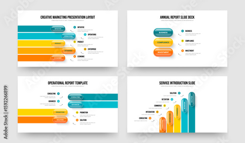 Consulting Solution 5 3 4 Step Diagram Frame Design Bundle. Investor Briefing Five Three Four Element Infographic Slideshow Template Vector Illustration Collection.