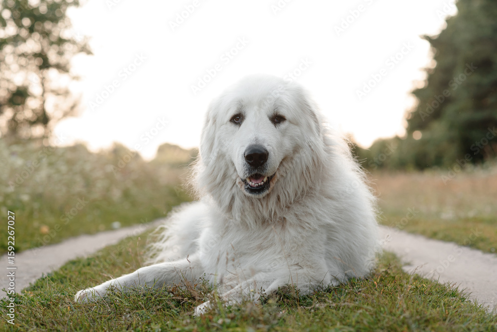 huge white Pyrenean Mountain Dog lying on country road in green field outdoors in sunny summer day, sunset, dogwalking concept huge white Pyrenean Mountain Dog lying on country road in green field outdoors in sunny summer day, sunset, dogwalking concept