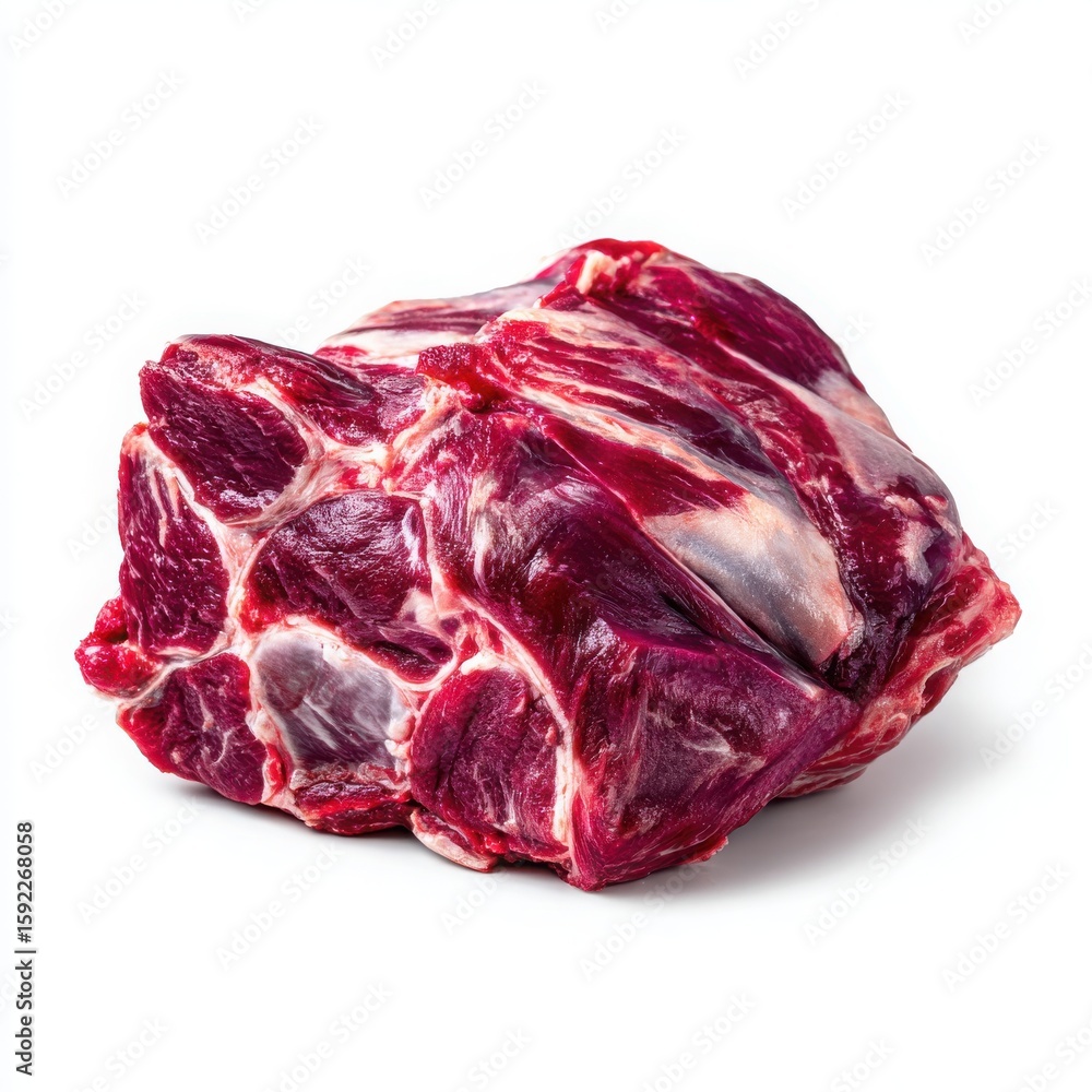 Obraz premium Fresh Raw Lamb Shoulder Meat Cut, Isolated on White Background, Ready for Cooking, Preparing Delicious Meal, Rich Red Color, Butcher Shop