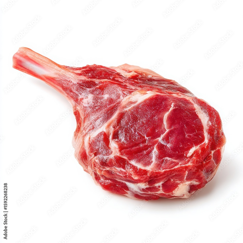 Fototapeta premium Fresh Raw Tomahawk Steak Isolated on White Background, Delicious Red Meat with Bone, Gourmet Food, Butcher's Cut, Ready for Grilling or Roasting