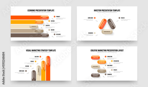 Business Showcase 5 3 4 Step Diagram Slideshow Design Collection. Investor Innovation Five Three Four Element Infographic Frame Template Vector Illustration Set.