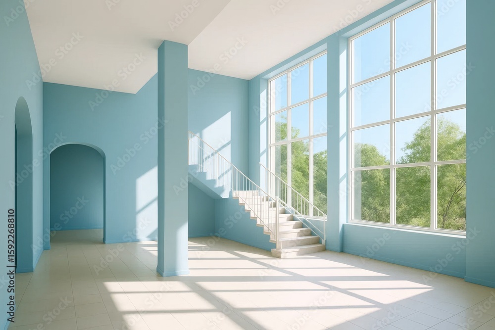 Obraz premium A serene blue room with large windows allowing natural light to flood in, creating a calm and inviting atmosphere