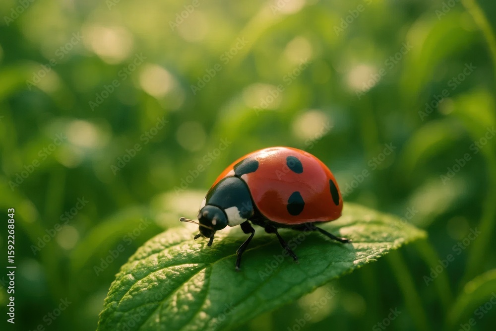 Amidst the verdant embrace of nature, a ladybug finds solace on a leaf, its vibrant red shell and black spots standing out against the soft green hues Amidst the verdant embrace of nature, a ladybug finds solace on a leaf, its vibrant red shell and black spots standing out against the soft green hues