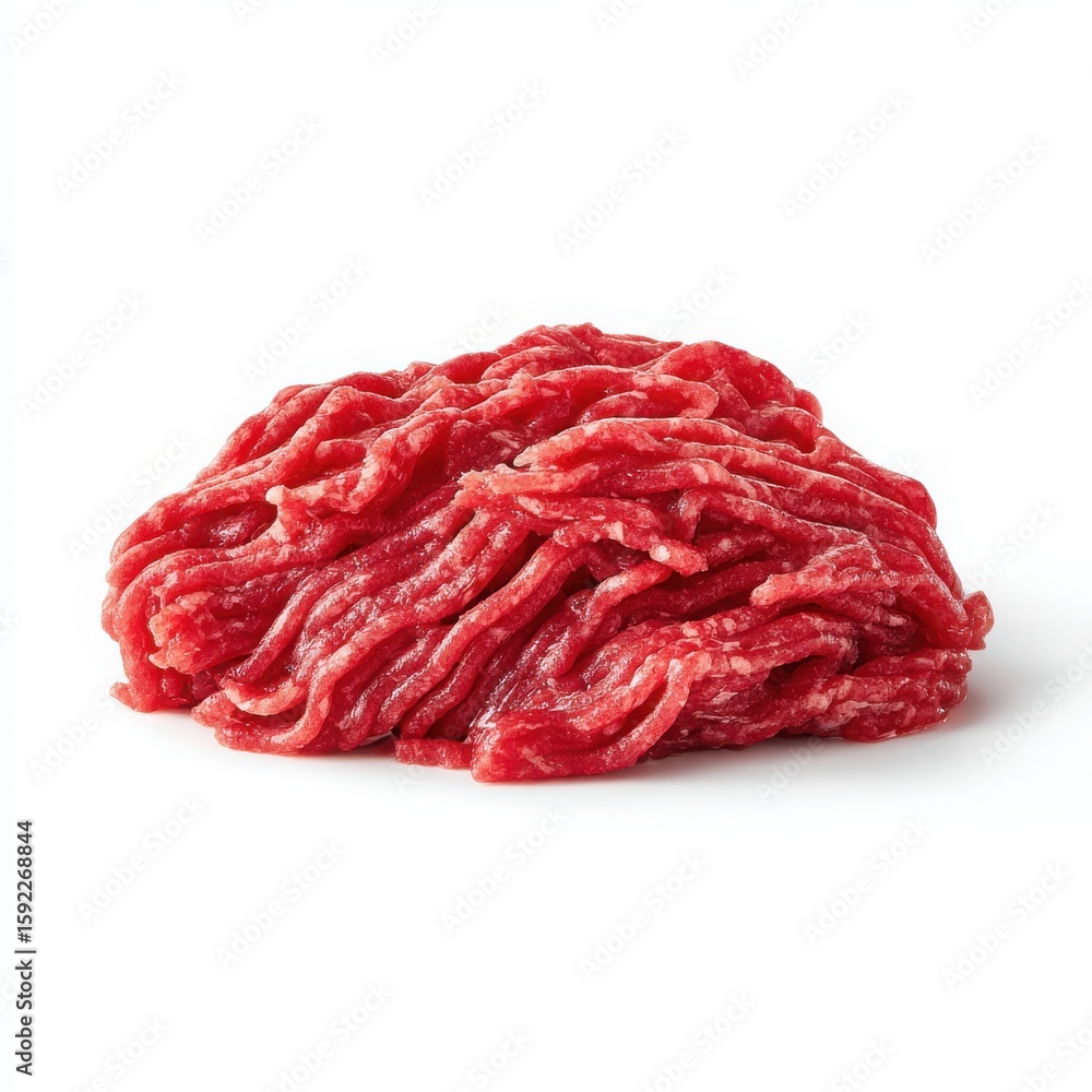 Obraz premium Fresh Ground Beef Pile Isolated on White Background, Raw Minced Meat Close Up, Ingredient for Cooking, High Protein Food, Butcher Shop Product, Studio Shot