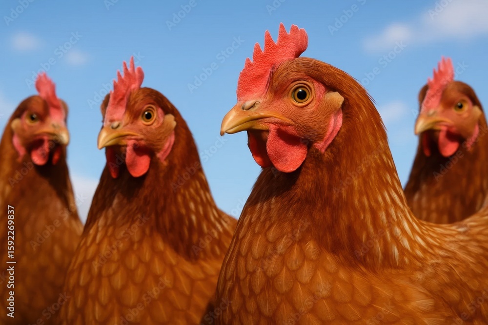 Fototapeta premium A quartet of chickens gazes intently into the distance, their vibrant red combs standing out against a serene blue sky