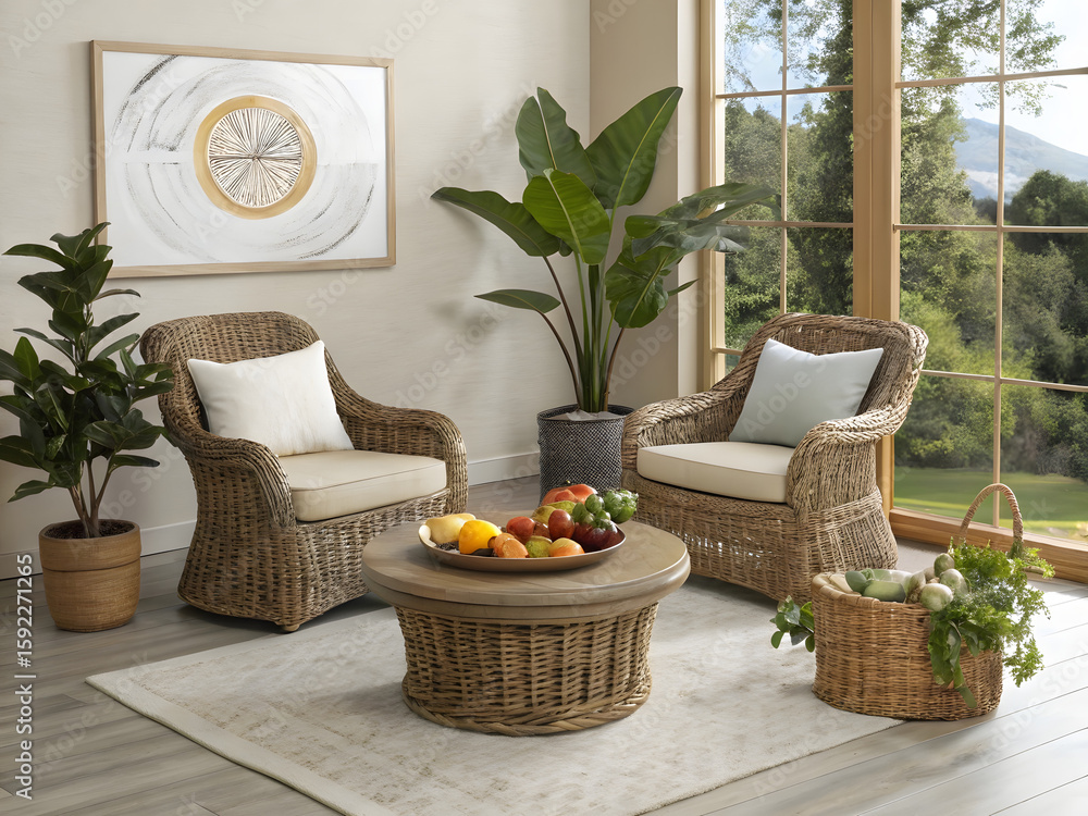 Modern home interior with flowers, a cozy sofa, and a table in a bright living room Modern home interior with flowers, a cozy sofa, and a table in a bright living room