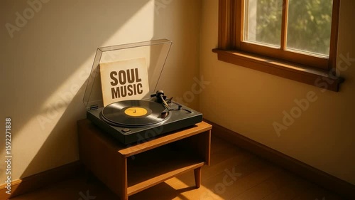 Enjoying soul music on a turntable in a cozy sunlit room with natural wood accents