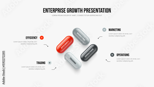 Product Proposal 4 Step Diagram Presentation Template. Service Campaign Four Element Infographic Slideshow Layout. Advertising Growth Frame Design Vector Illustration.