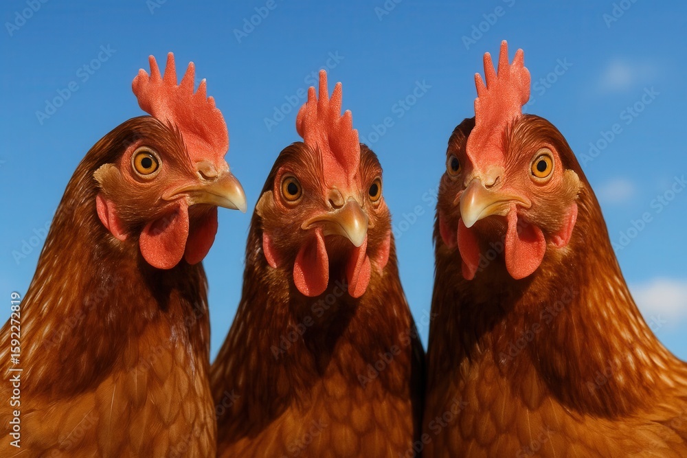 Naklejka premium Three roosters stand in a row against a clear blue sky, their vibrant red combs and alert eyes capturing attention