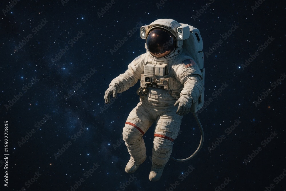 Fototapeta premium A lone astronaut soars through the cosmos, surrounded by the infinite stars