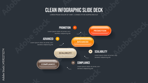 Investor Profile Four Element Diagram Slideshow Design. Business Performance 4 Option Infographic Frame Template. Project Visualization Presentation Layout Vector Illustration.