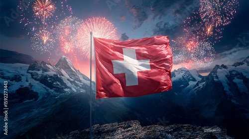 Swiss Flag with Fireworks over Mountain Landscape