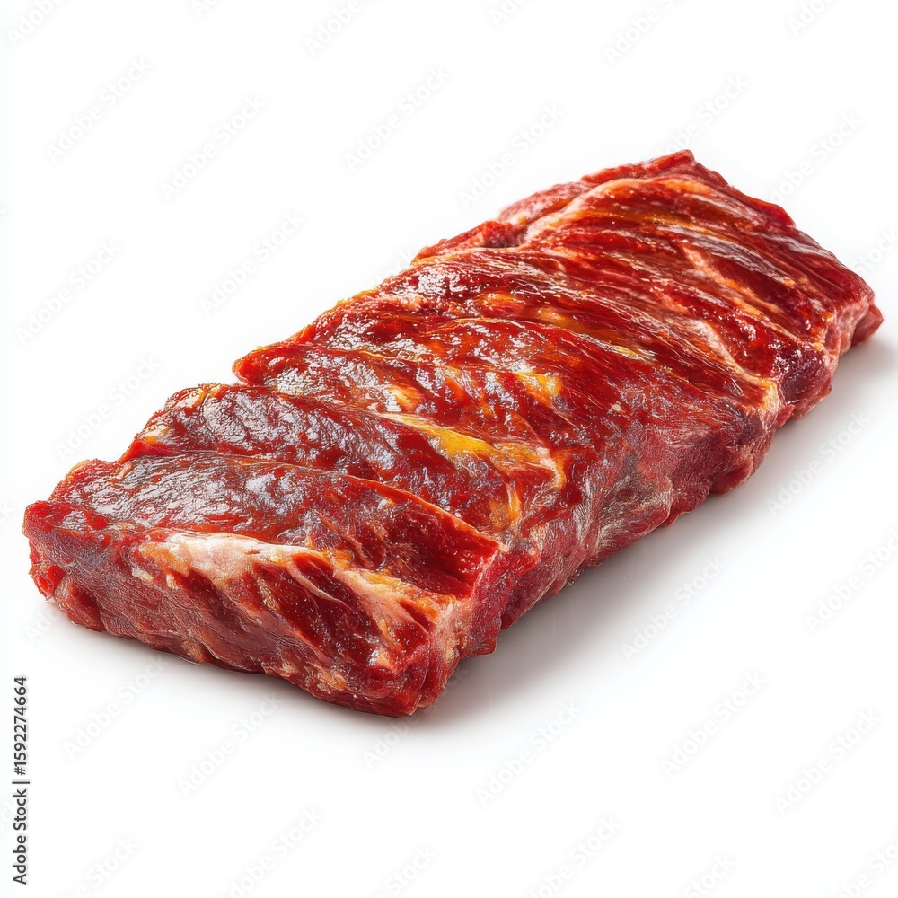 Fototapeta premium Raw Pork Ribs Isolated on White Background, Fresh Marinated Spare Ribs Ready for Cooking, Close-up View of Uncooked Meat